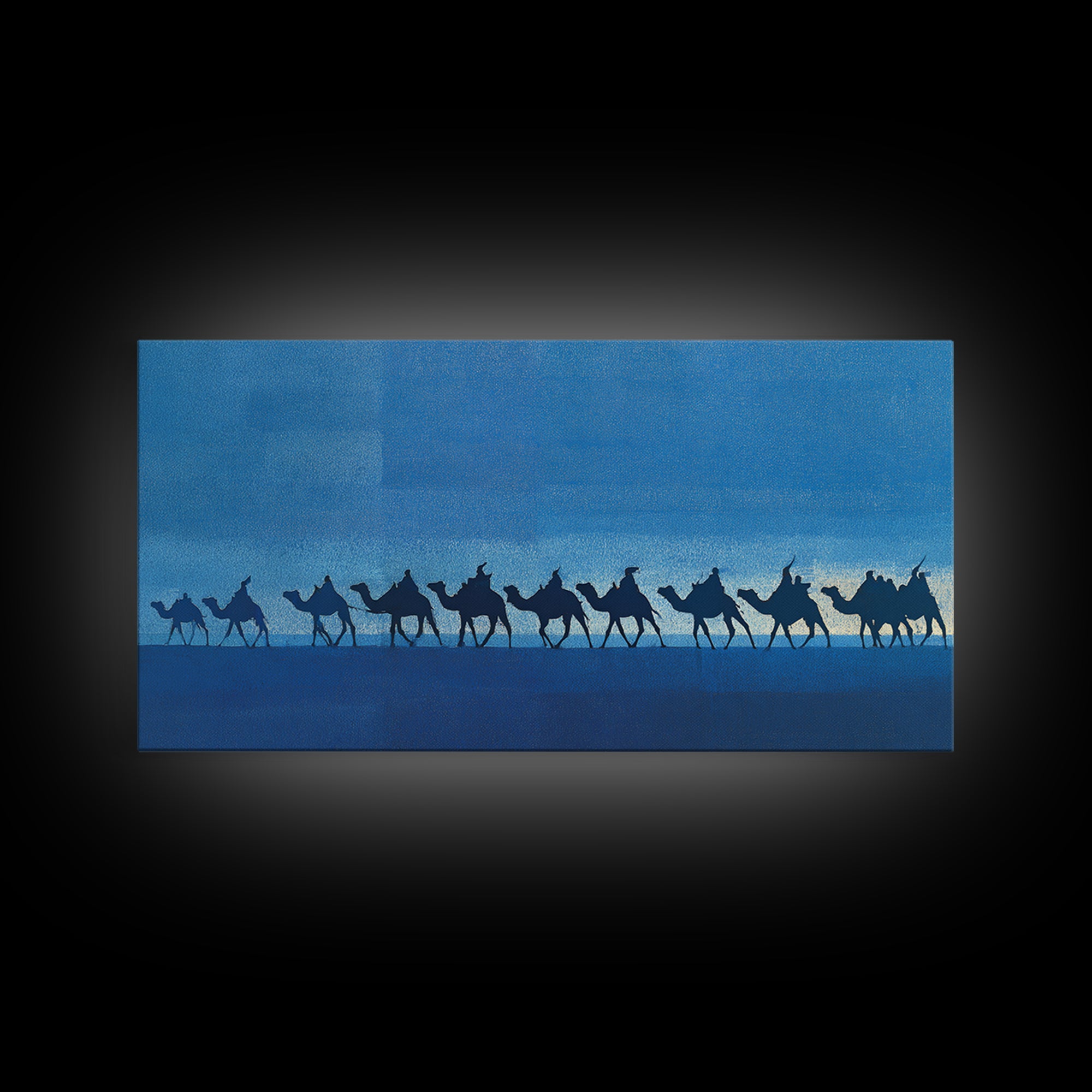 Blue Desert Camel Caravan Silhouette Wall Art, African Safari Print, Nomad Travel Decor, Modern Blue Landscape Poster Gift