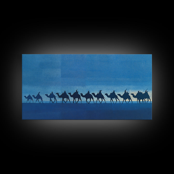 Blue Desert Camel Caravan Silhouette Wall Art, African Safari Print, Nomad Travel Decor, Modern Blue Landscape Poster Gift