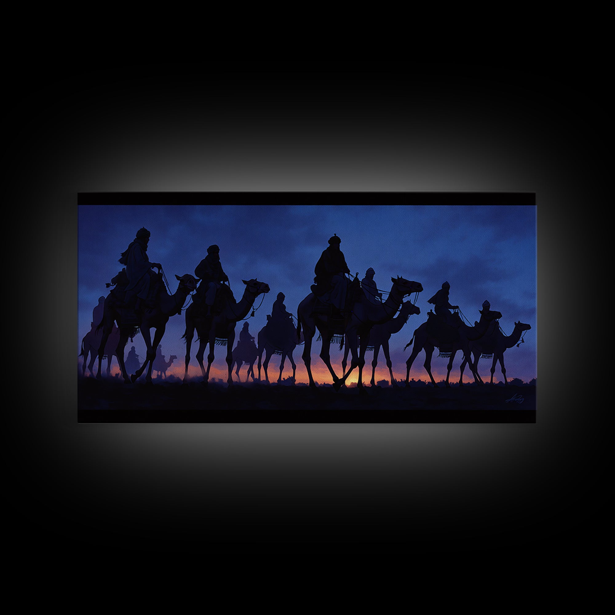 Twilight Camel Caravan Silhouette Framed Canvas Print, African Travel Wall Decor, Blue Desert Nomad Landscape Art Gift For Him