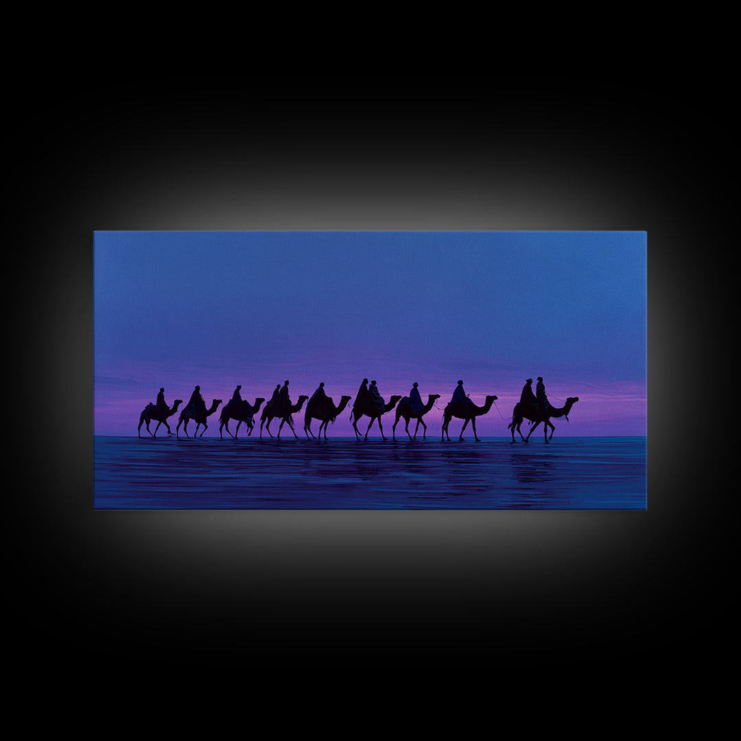 Purple Sunset Camel Caravan Canvas Print, African Safari Wall Art, Coastal Desert Silhouette Decor, Boho Travel Gift Idea