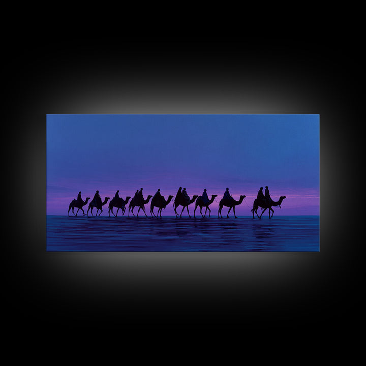 Purple Sunset Camel Caravan Canvas Print, African Safari Wall Art, Coastal Desert Silhouette Decor, Boho Travel Gift Idea