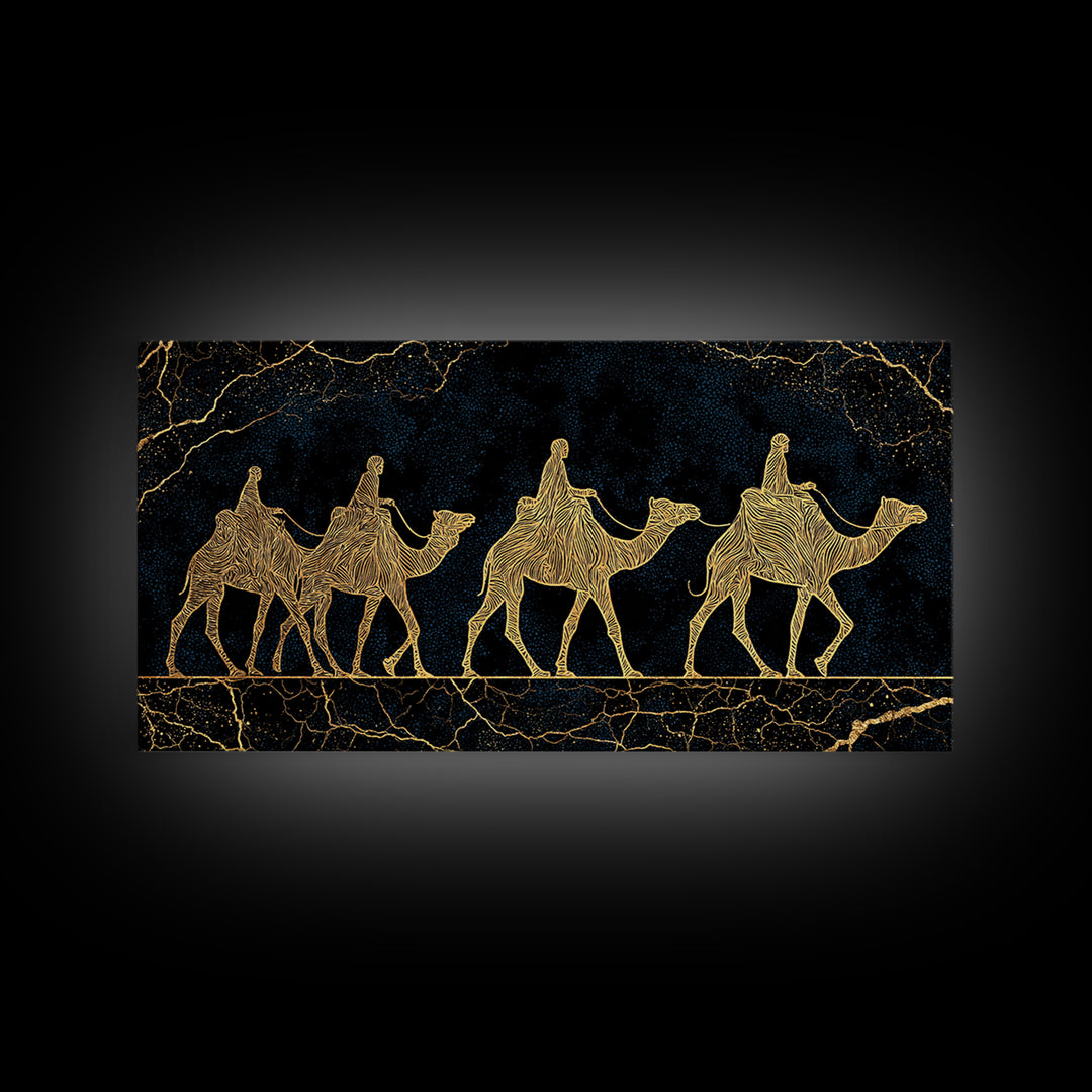 Gold Line Camel Caravan Wall Art, Black And Gold African Safari Print, Desert Nomad Decor, Luxury Canvas Style Gift For Her
