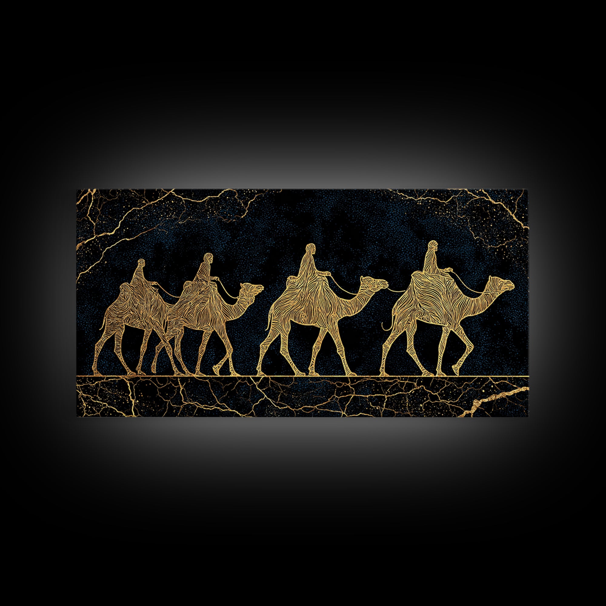 Gold Line Camel Caravan Wall Art, Black And Gold African Safari Print, Desert Nomad Decor, Luxury Canvas Style Gift For Her