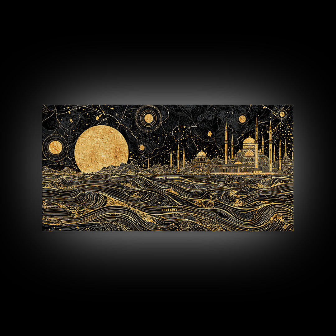 Gold Moon Mosque Skyline Canvas Print, Black And Gold Wall Art, Moroccan Travel Decor, Mystical Night Landscape Gift Idea