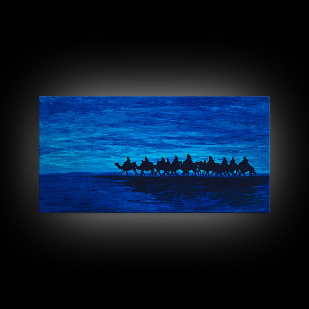 Deep Blue Camel Caravan Silhouette Wall Art, African Safari Poster, Desert Travel Decor, Modern Landscape Canvas Gift Idea