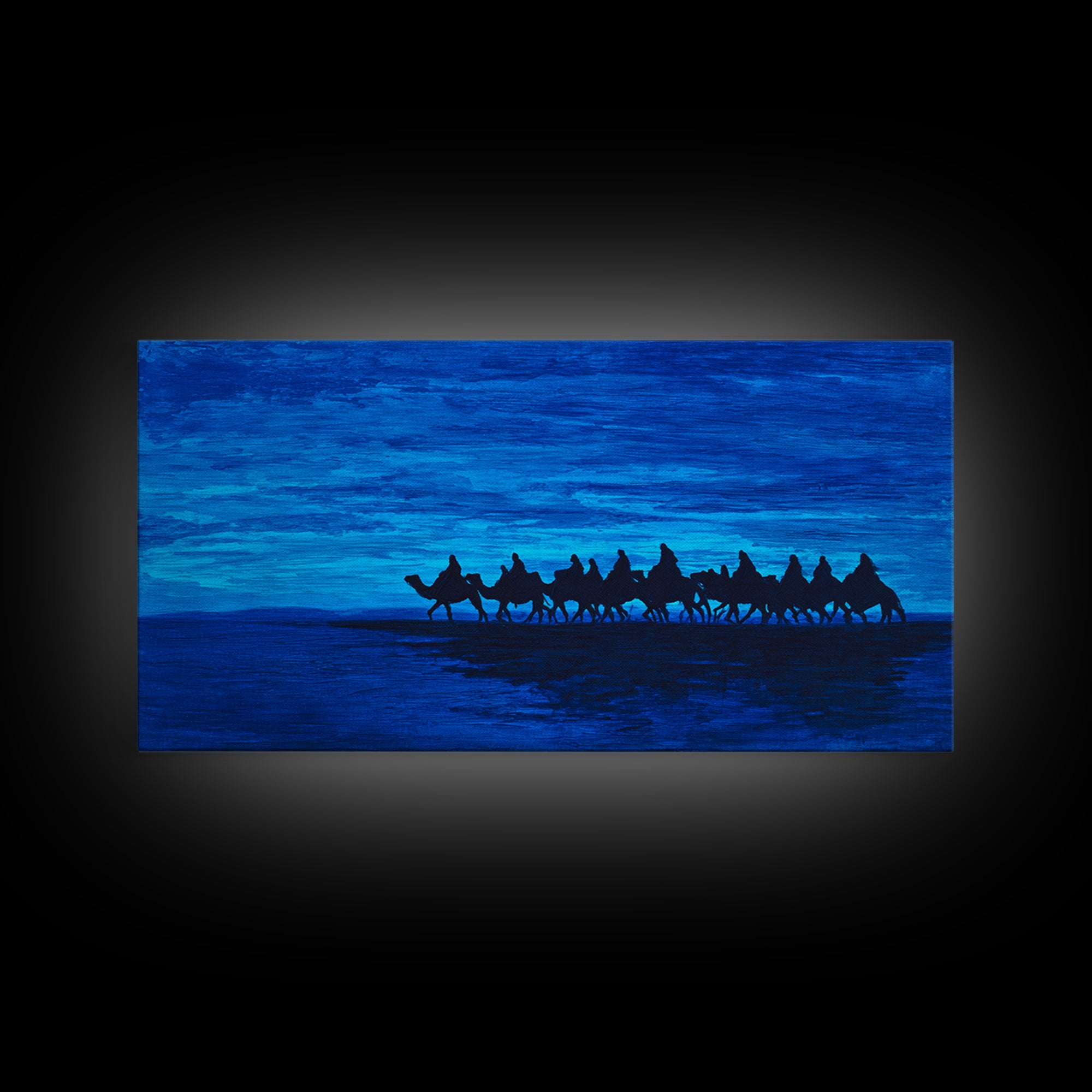 Deep Blue Camel Caravan Silhouette Wall Art, African Safari Poster, Desert Travel Decor, Modern Landscape Canvas Gift Idea