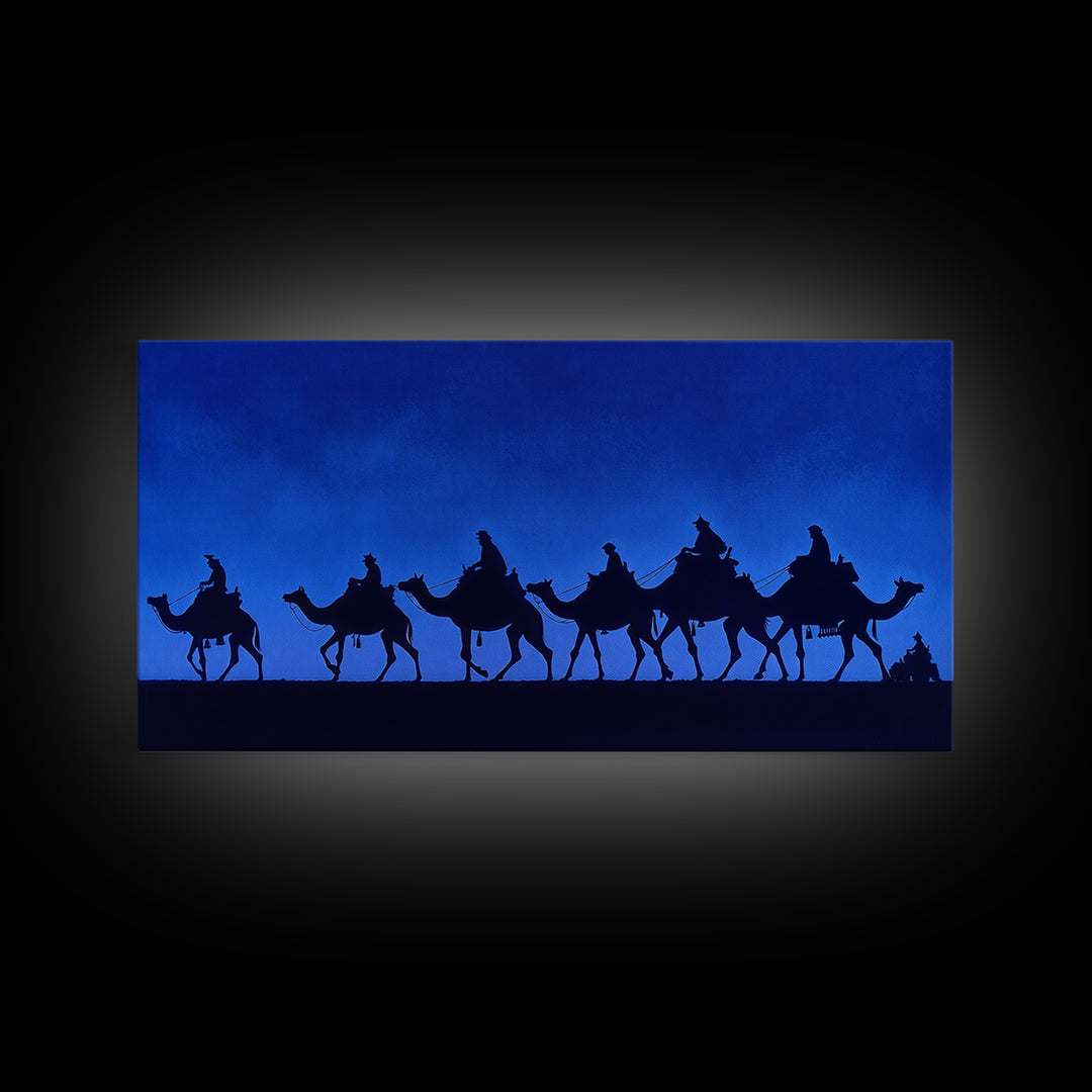Cobalt Camel Caravan Silhouette Canvas Print, African Wall Art, Minimalist Desert Travel Decor, Blue Nomad Art Gift For Him