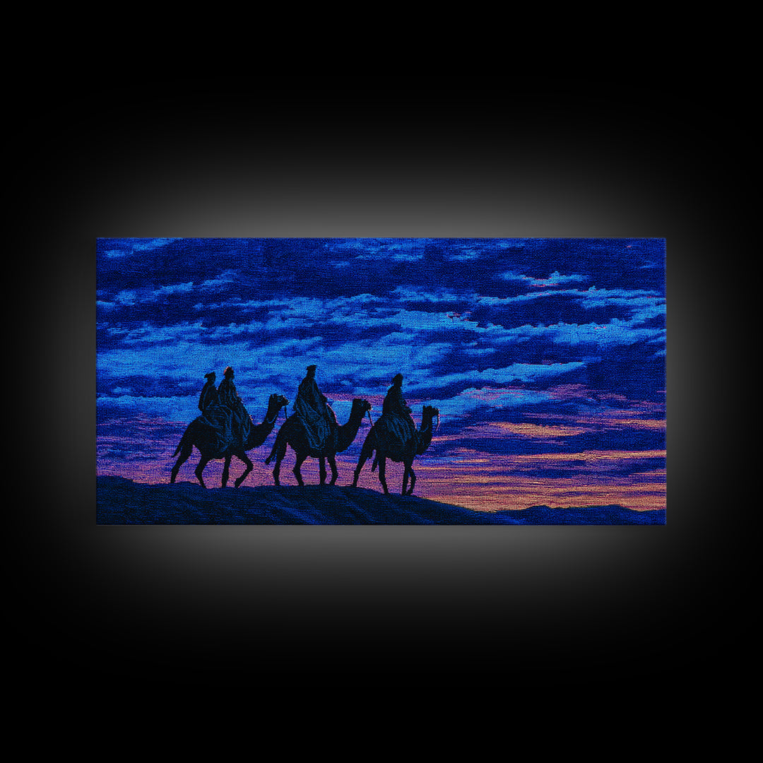 Textured Blue Sunset Camel Caravan Wall Art, African Safari Print, Purple Desert Silhouette Decor, Dreamy Travel Gift Idea