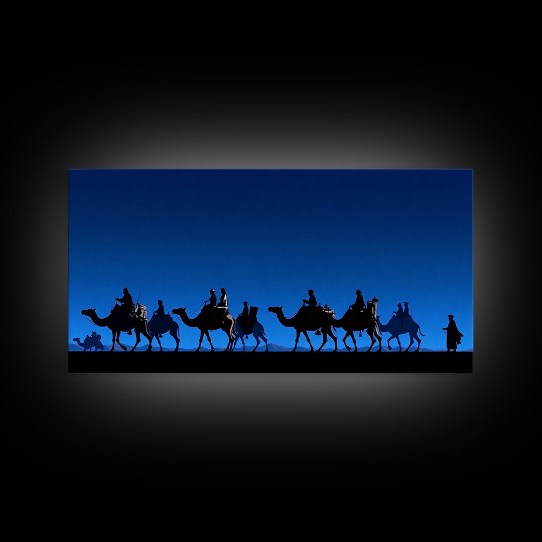 Bright Blue Camel Caravan Journey Silhouette Canvas Print, African Safari Wall Art, Desert Nomad Decor, Travel Gift For Him