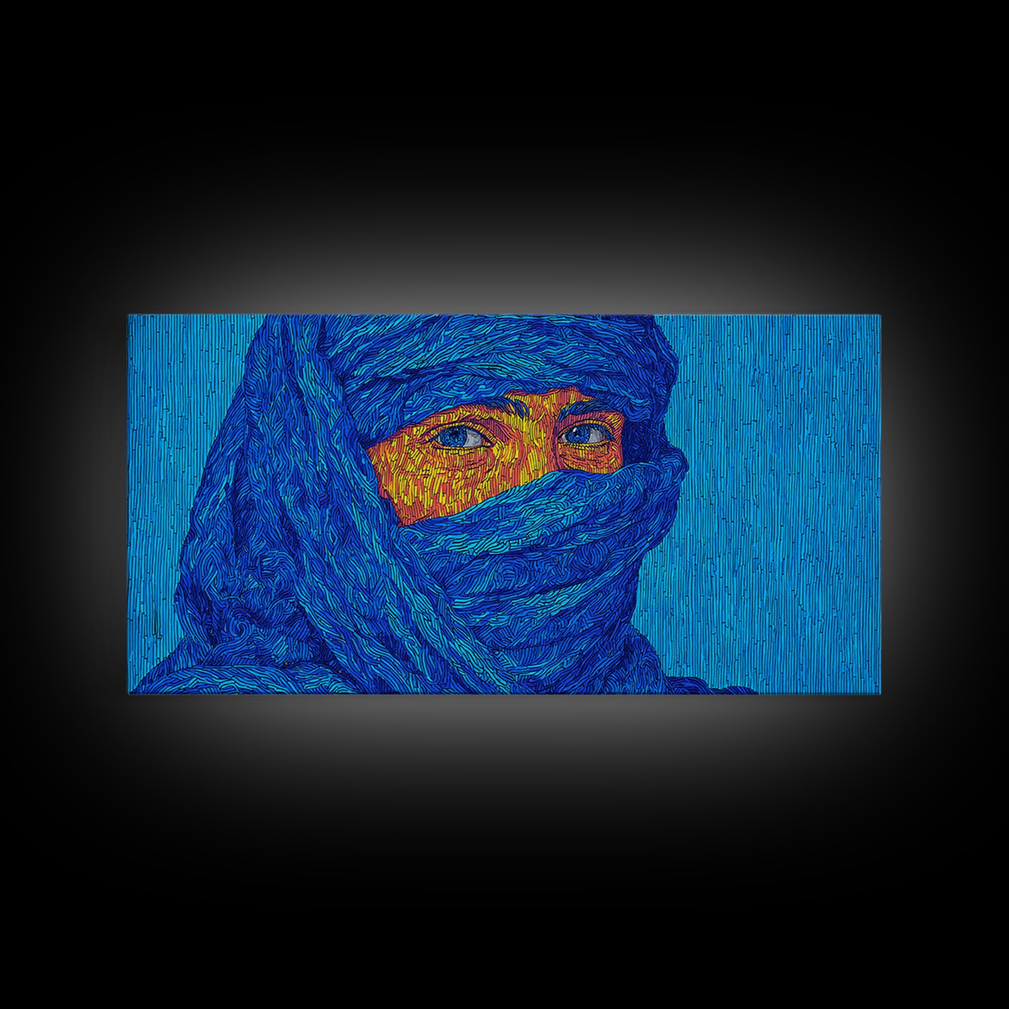 Blue Veiled African Woman Portrait Wall Art, Tuareg Inspired Afrocentric Decor, Bold Black Beauty Canvas For Living Room