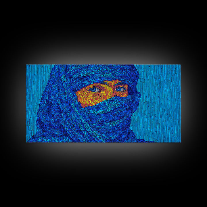Blue Veiled African Woman Portrait Wall Art, Tuareg Inspired Afrocentric Decor, Bold Black Beauty Canvas For Living Room