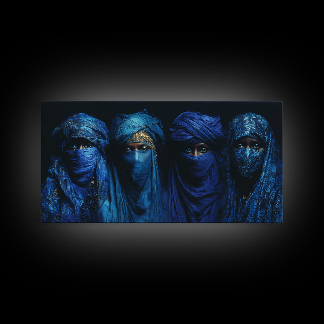 Four Blue Veiled African Women Framed Canvas Print, Tuareg Portrait Wall Decor, Afrocentric Black Culture Art Gift For Home Decor