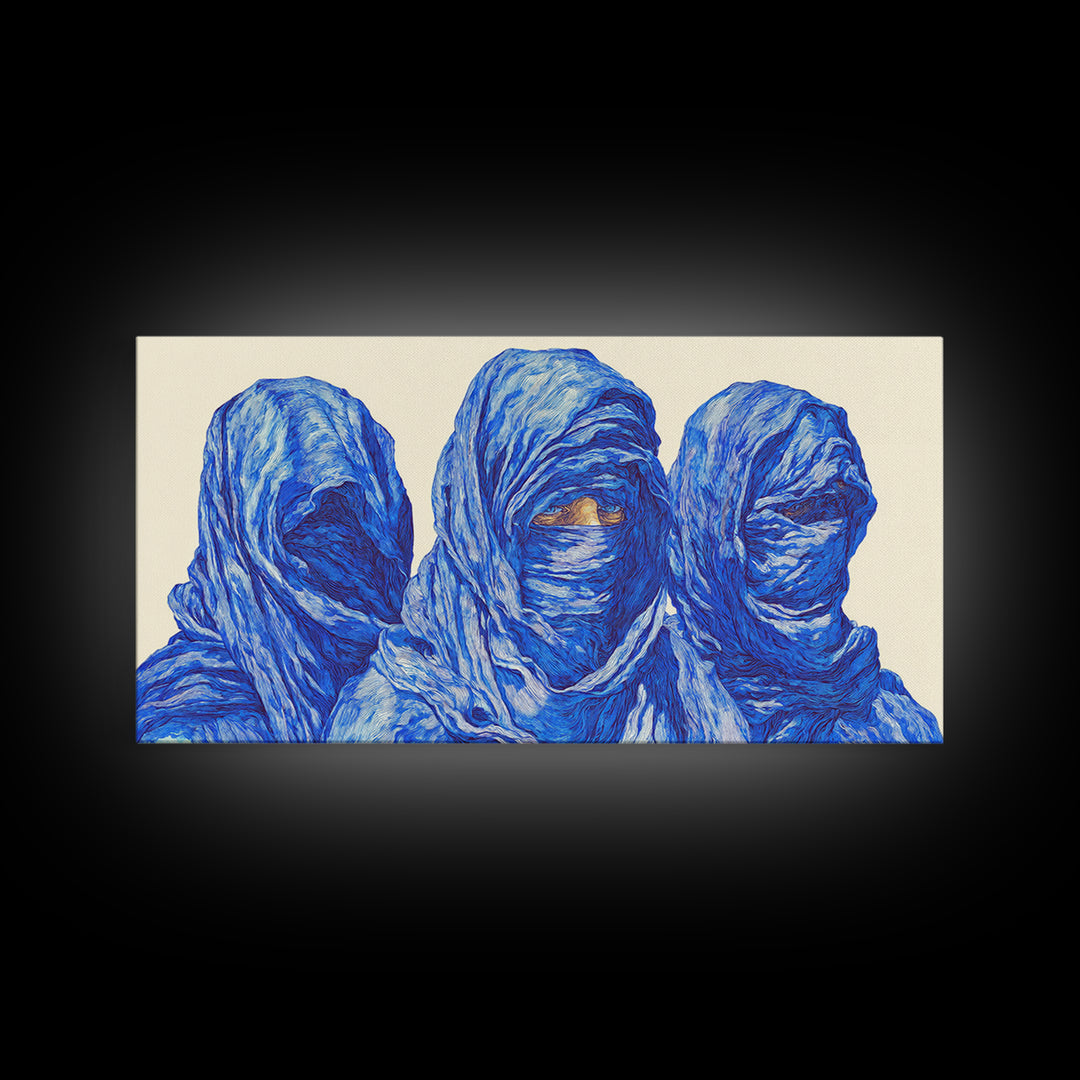 Three Blue Veiled Figures Wall Art, African Tribal Portrait Painting, Textured Tuareg Decor For Afrocentric Living Room Art