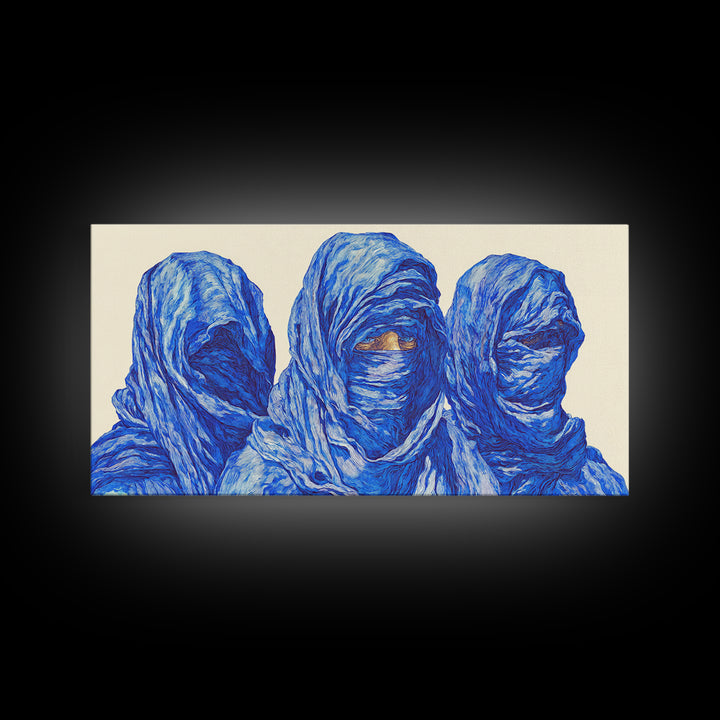 Three Blue Veiled Figures Wall Art, African Tribal Portrait Painting, Textured Tuareg Decor For Afrocentric Living Room Art