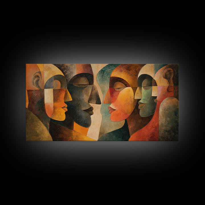 Abstract Cubist African Mask Faces Canvas Print, Earth Tone Tribal Wall Decor, Modern Ethnic Art For Home Gallery Decor Gift