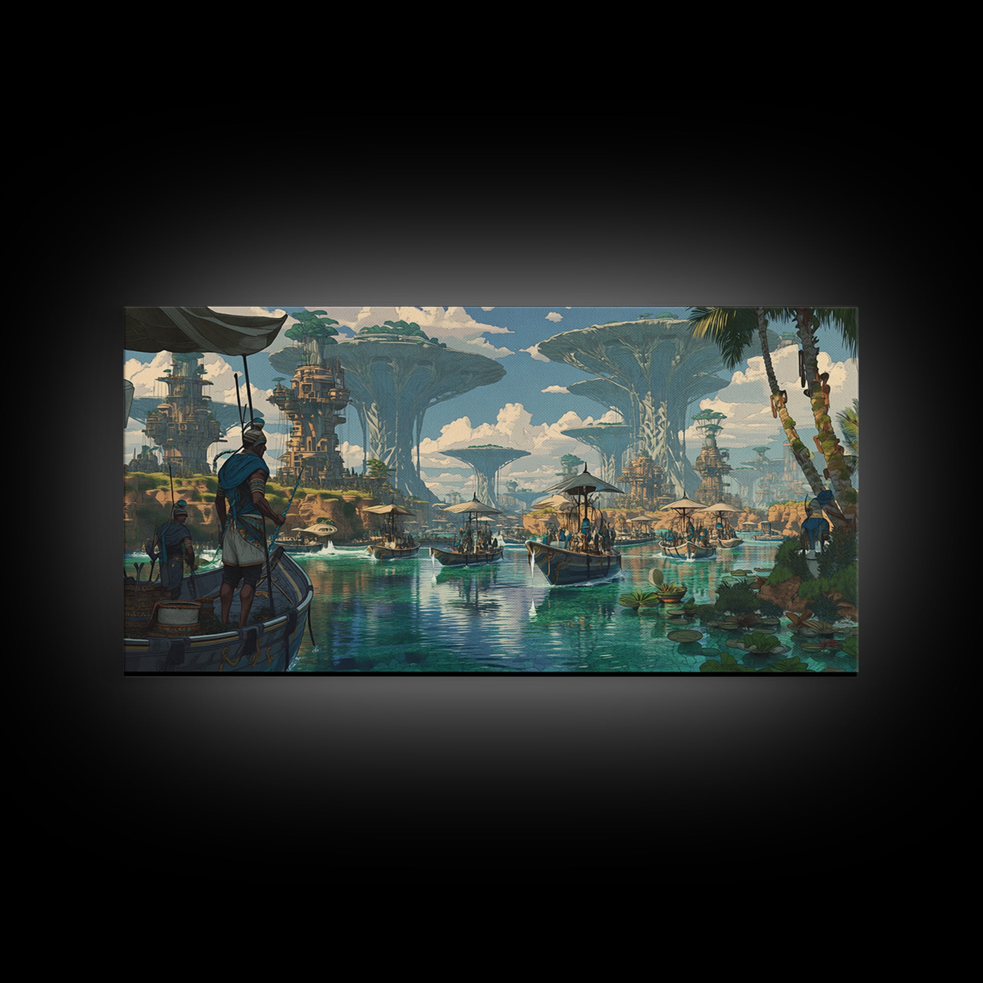Afrofuturist African Waterfront City Wall Art, Sci Fi Landscape Canvas, Modern Black Art Decor For Living Room Statement Piece