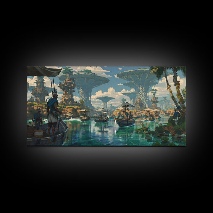 Afrofuturist African Waterfront City Wall Art, Sci Fi Landscape Canvas, Modern Black Art Decor For Living Room Statement Piece