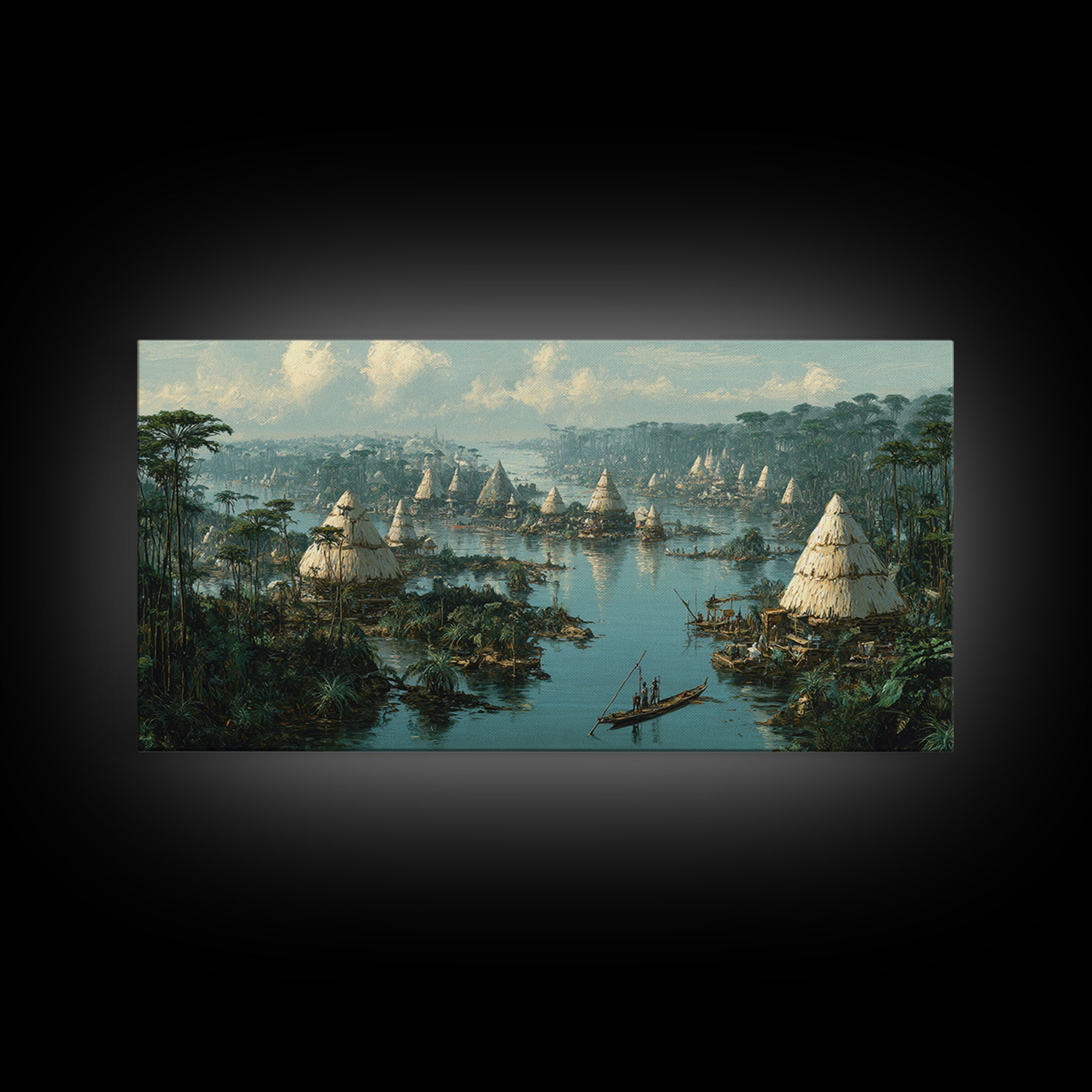 Misty African Wetland Village Wall Art, Thatched Hut Canoe Landscape Print, Authentic Cultural Safari Home Decor Canvas Gift