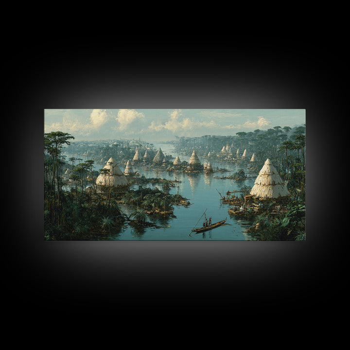 Misty African Wetland Village Wall Art, Thatched Hut Canoe Landscape Print, Authentic Cultural Safari Home Decor Canvas Gift