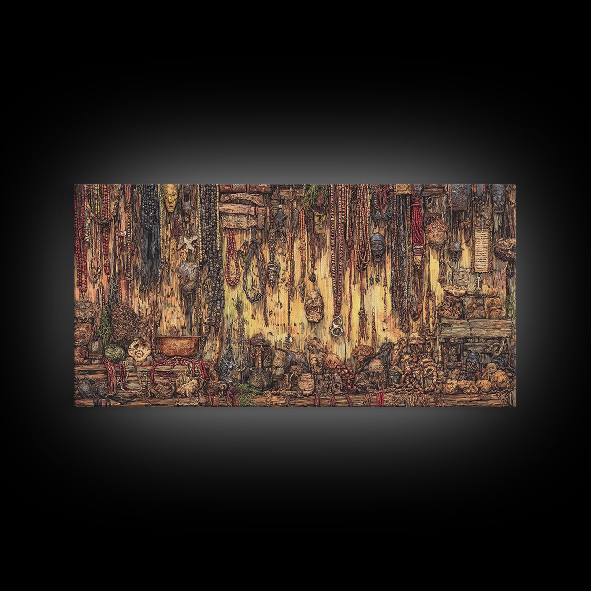 Rustic African Market Interior Canvas Print, Tribal Jewelry And Textile Wall Decor, Warm Boho Cultural Living Room Art Gift