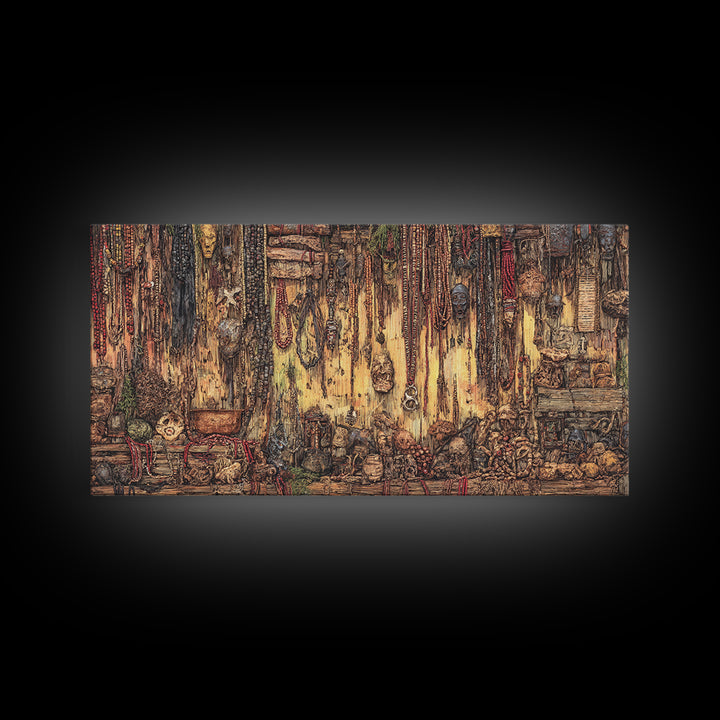Rustic African Market Interior Canvas Print, Tribal Jewelry And Textile Wall Decor, Warm Boho Cultural Living Room Art Gift