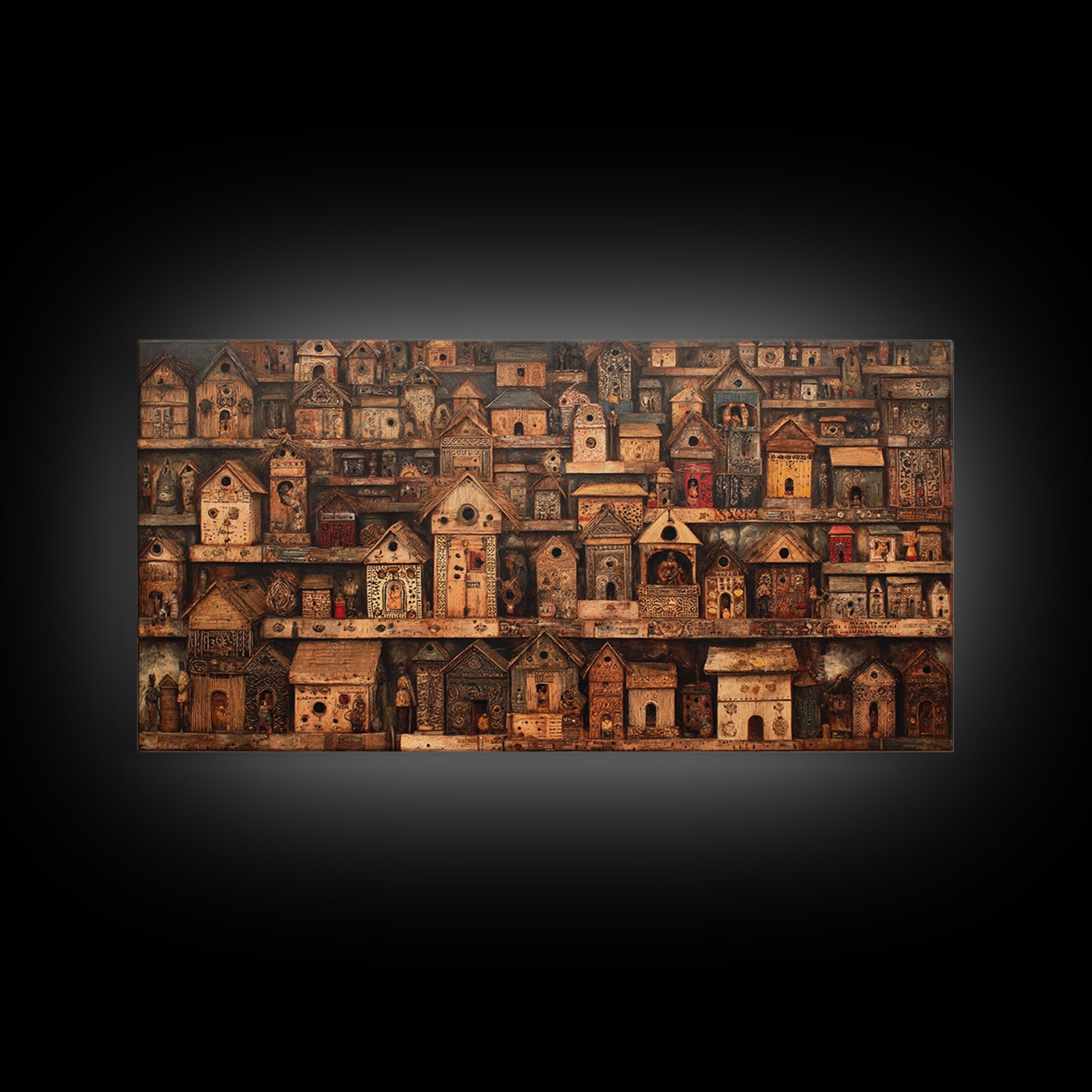 Rustic African Village Birdhouse Houses Wall Art, Tribal Architecture Canvas, Earth Tone Cultural Home Decor Gift For Living Room