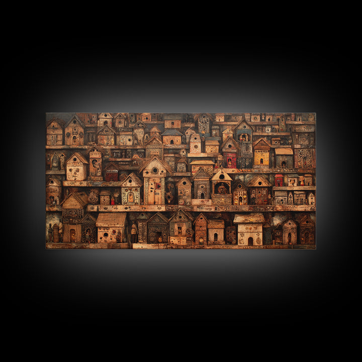 Rustic African Village Birdhouse Houses Wall Art, Tribal Architecture Canvas, Earth Tone Cultural Home Decor Gift For Living Room