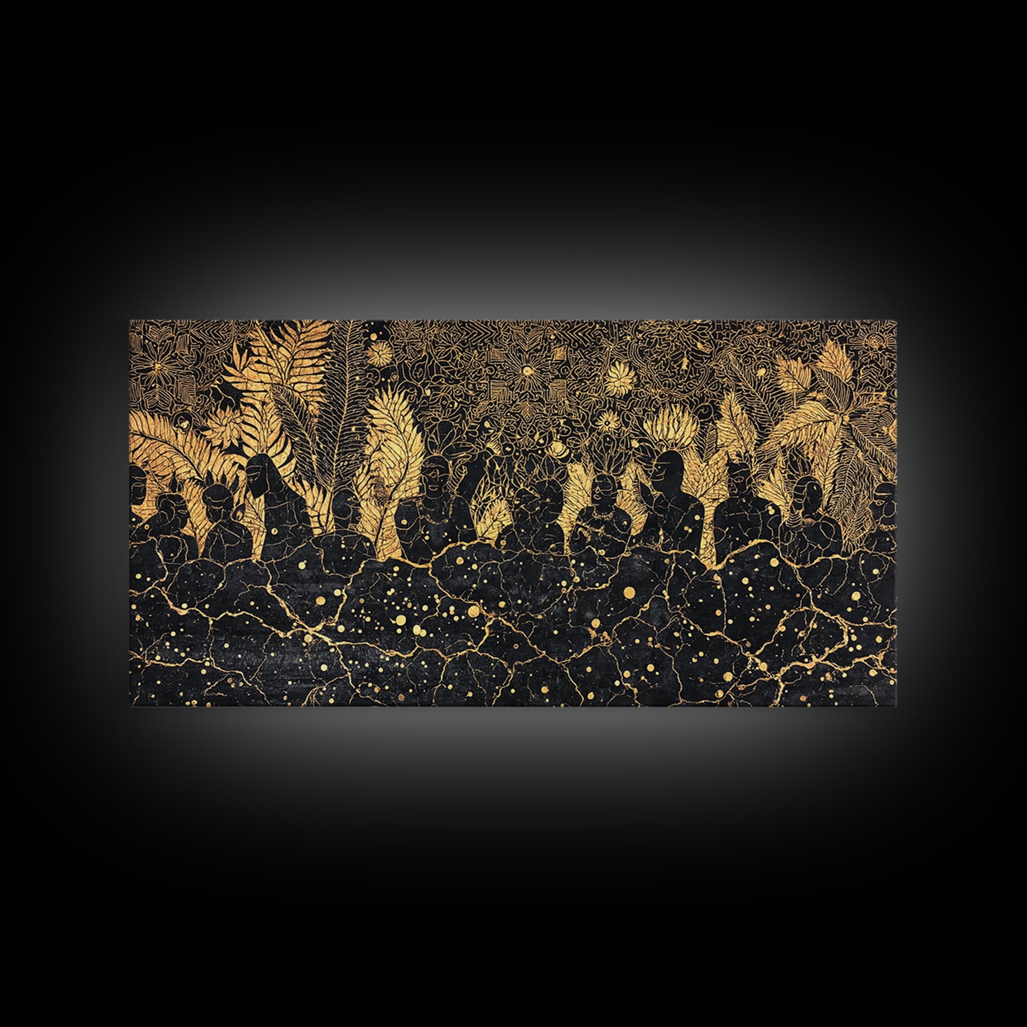 Golden African Women In Jungle Foliage Canvas Print, Black Gold Afrocentric Wall Decor, Tribal Culture Art For Living Room