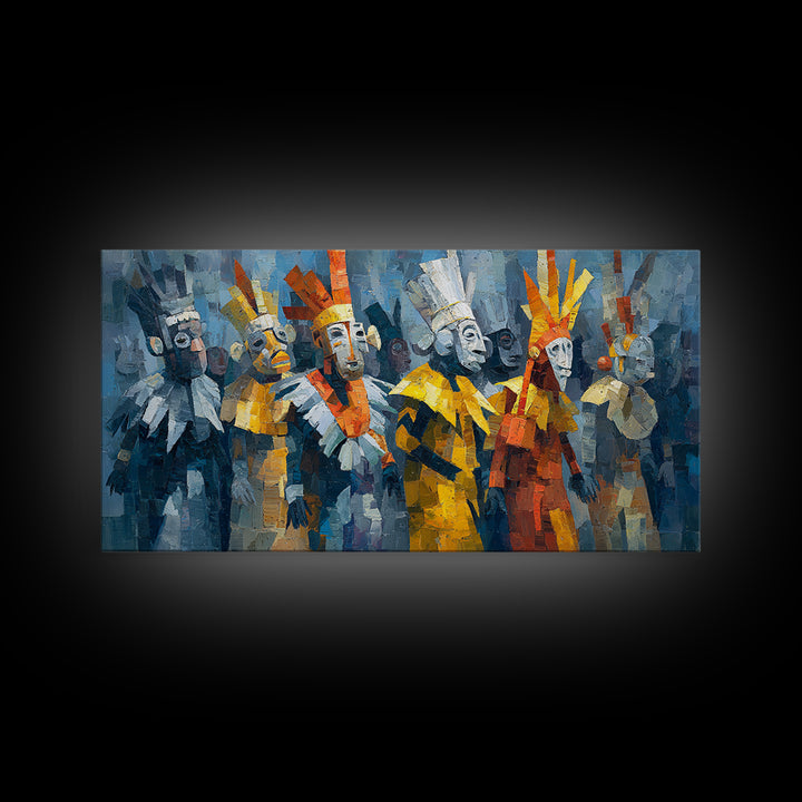 Cubist African Masked Warriors Canvas Print, Ceremonial Tribal Queen Wall Decor, Modern African Art For Bold Home Decor Gift