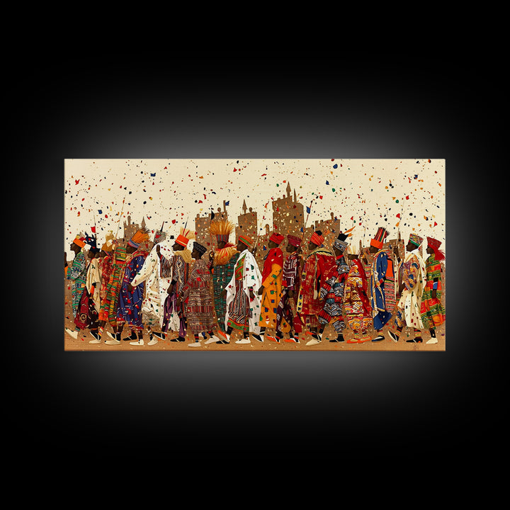 Vibrant African Festival Procession Canvas Print, Ankara Fashion Parade Wall Decor, Cultural Celebration Art For Living Room