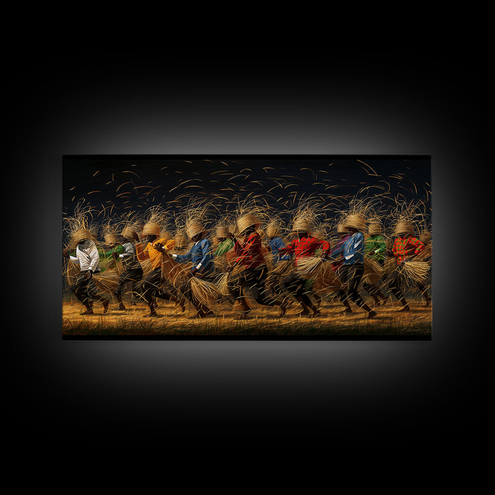 Dynamic African Dancers With Golden Straw Canvas Print, Motion Filled Tribal Wall Decor, Black Gold Cultural Art Gift For Home