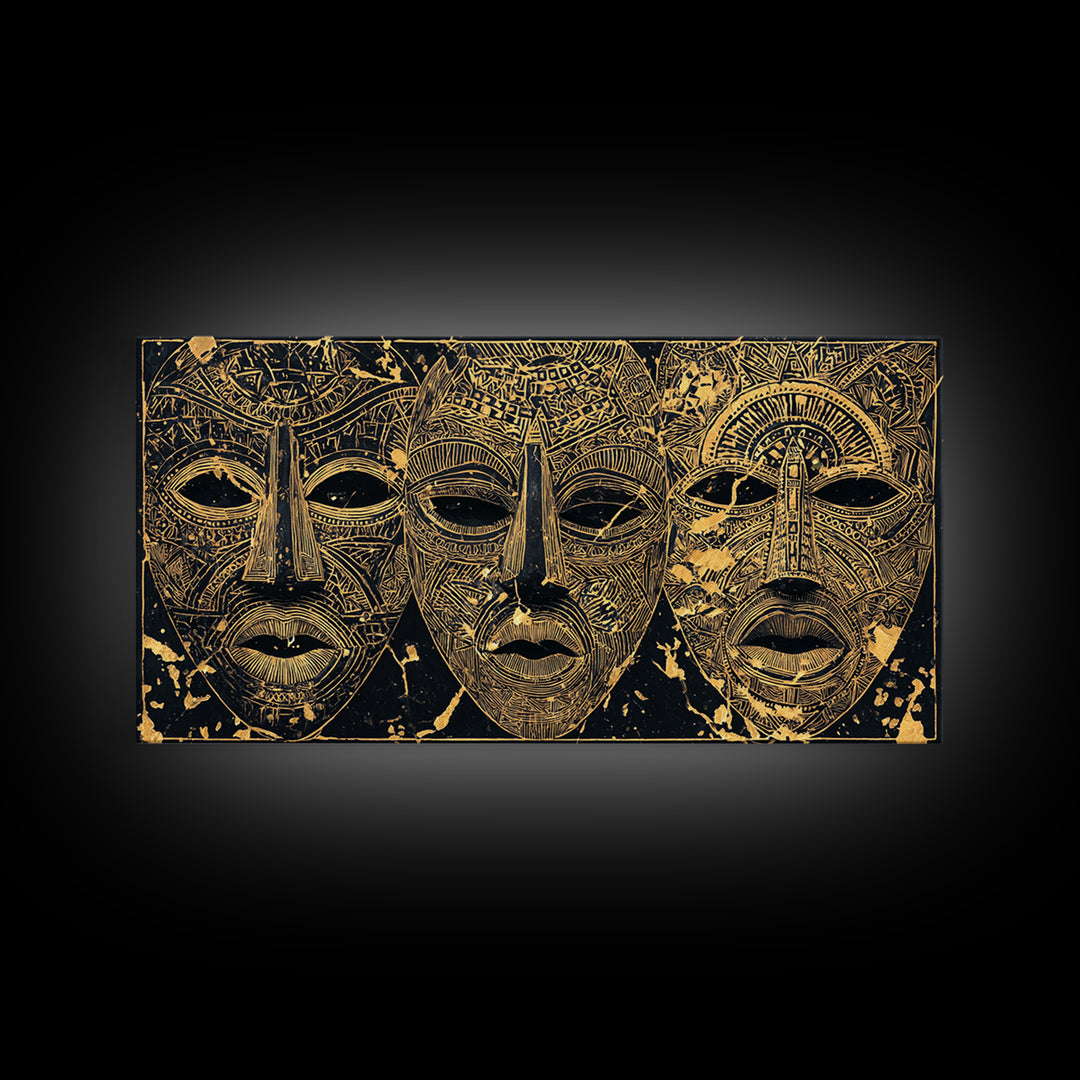 Golden African Tribal Masks Canvas Print, Abstract Mask Art, Afrocentric Wall Decor, Black And Gold Cultural Home Decor Gift