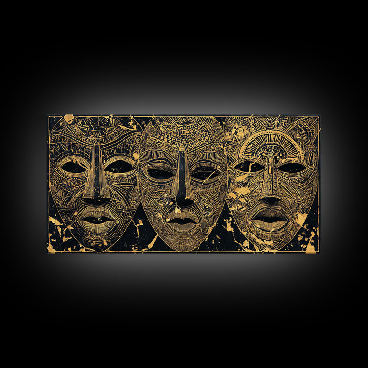 Golden African Tribal Masks Canvas Print, Abstract Mask Art, Afrocentric Wall Decor, Black And Gold Cultural Home Decor Gift