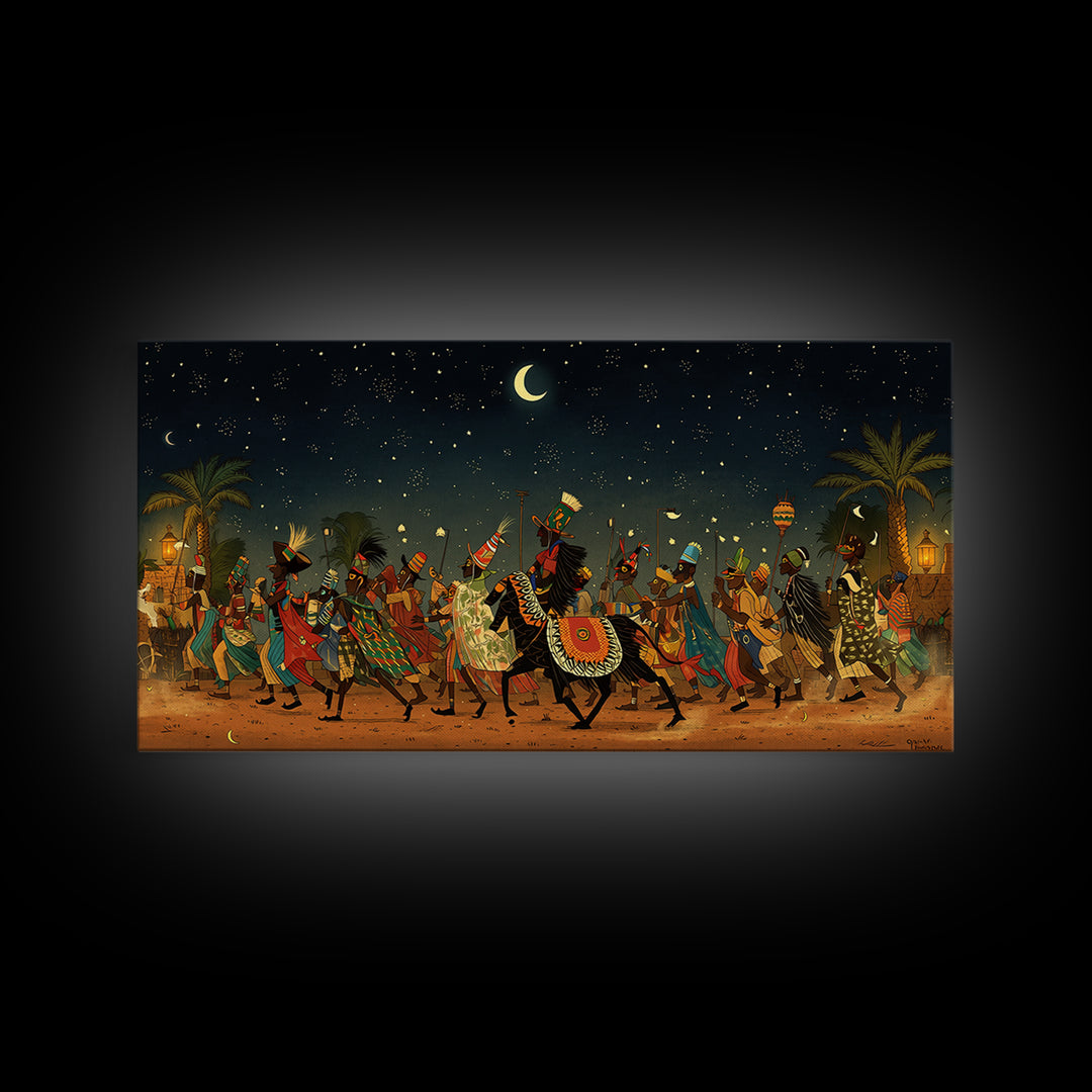 Moonlit African Camel Procession Wall Art, Desert Festival Painting, African Safari Art, Cultural Decor For Living Room Gift