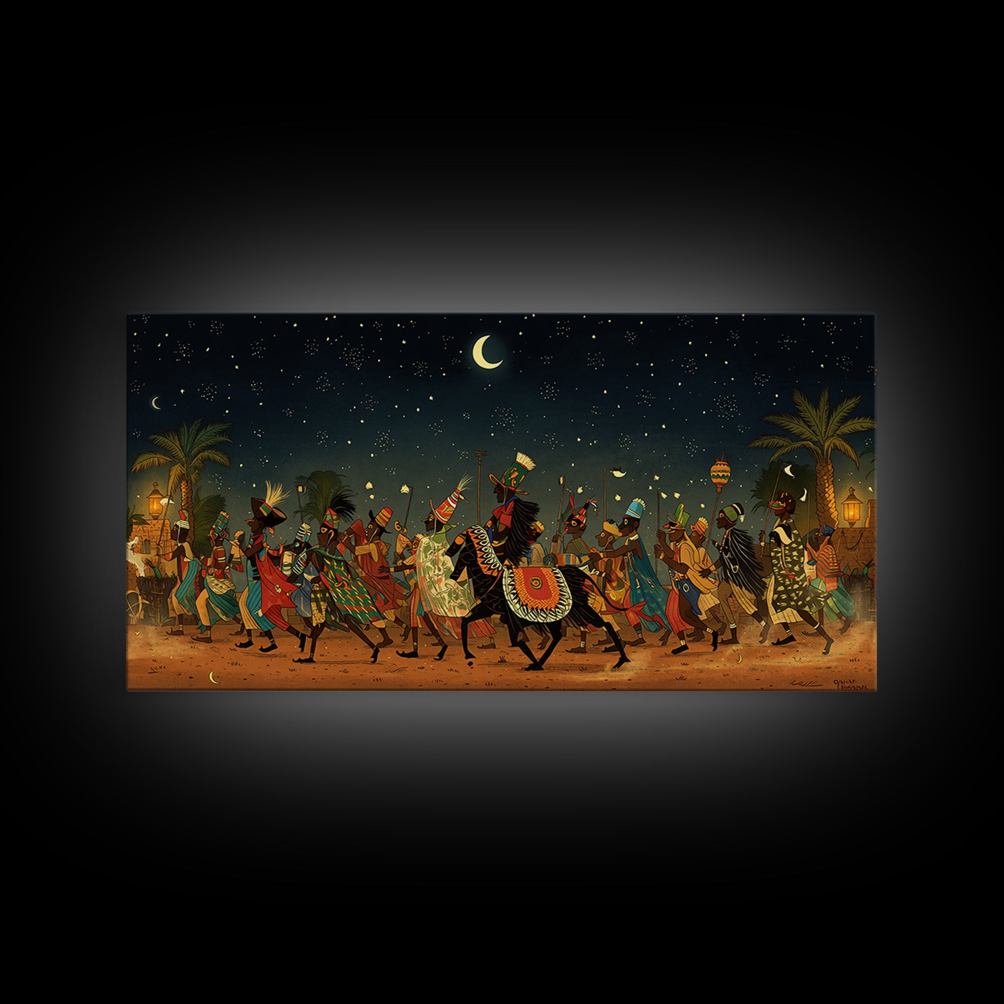 Moonlit African Camel Procession Wall Art, Desert Festival Painting, African Safari Art, Cultural Decor For Living Room Gift