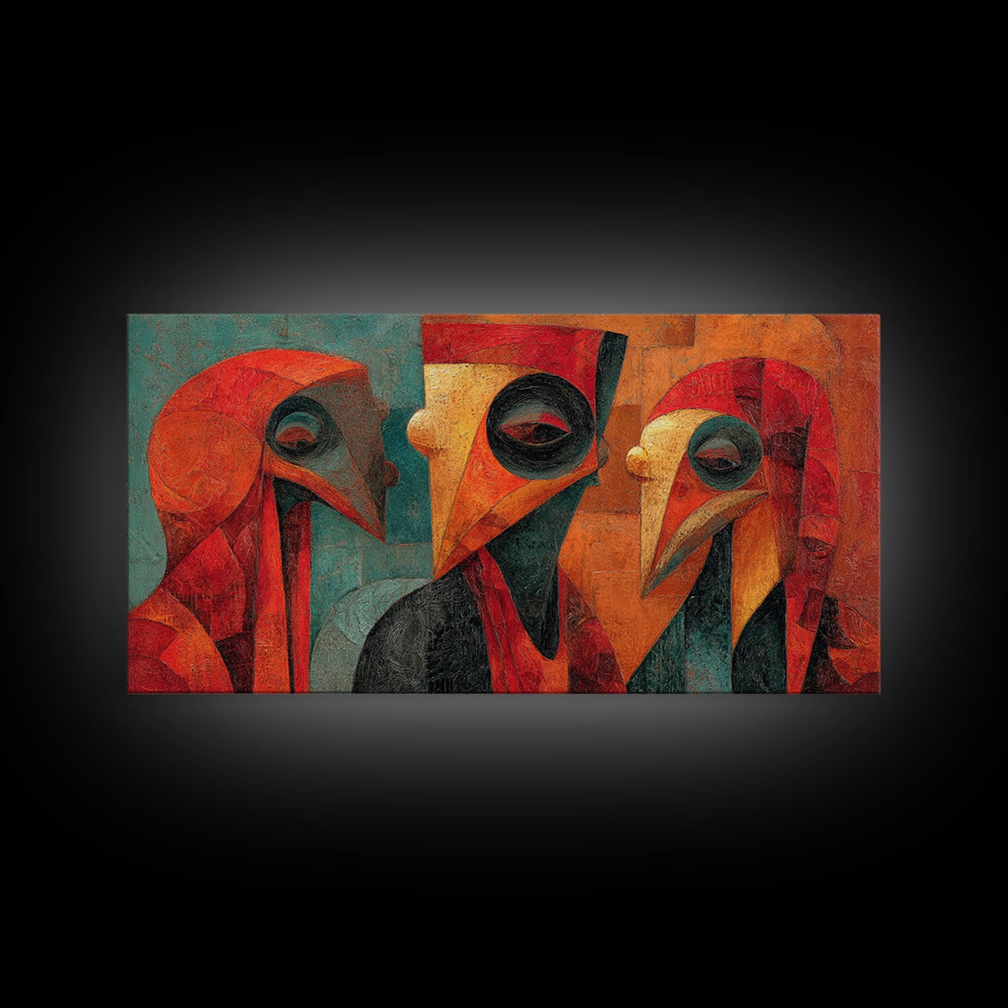 Cubist African Bird Mask Trio Wall Art, Abstract African Art, Modern Tribal Portrait, Burnt Orange Decor Canvas Print Gift