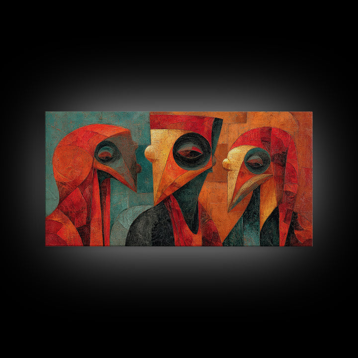Cubist African Bird Mask Trio Wall Art, Abstract African Art, Modern Tribal Portrait, Burnt Orange Decor Canvas Print Gift