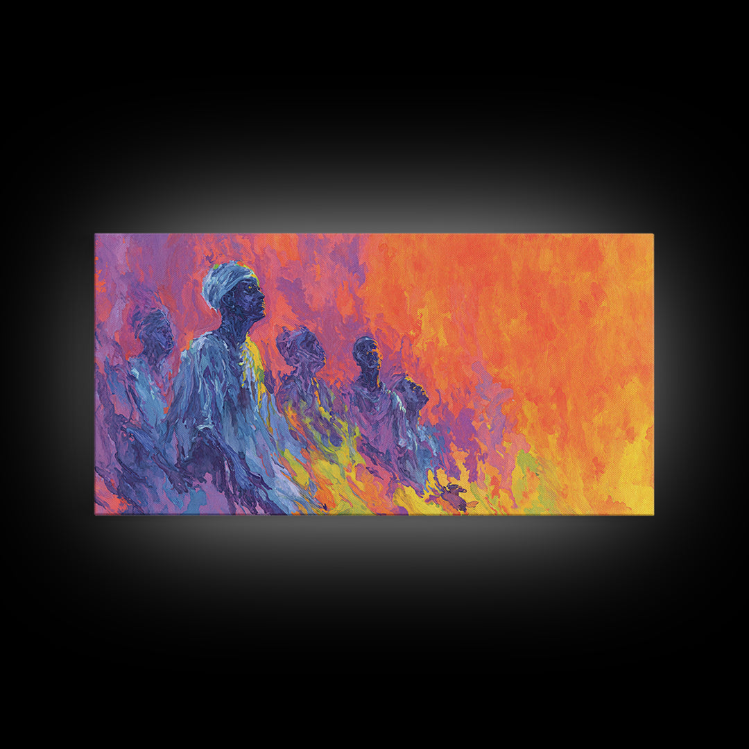 Blue Ancestral Figures By Fire Wall Art, Abstract African Art, Spiritual Cultural Painting, Orange And Purple Decor Gift