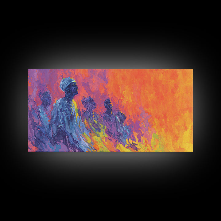 Blue Ancestral Figures By Fire Wall Art, Abstract African Art, Spiritual Cultural Painting, Orange And Purple Decor Gift