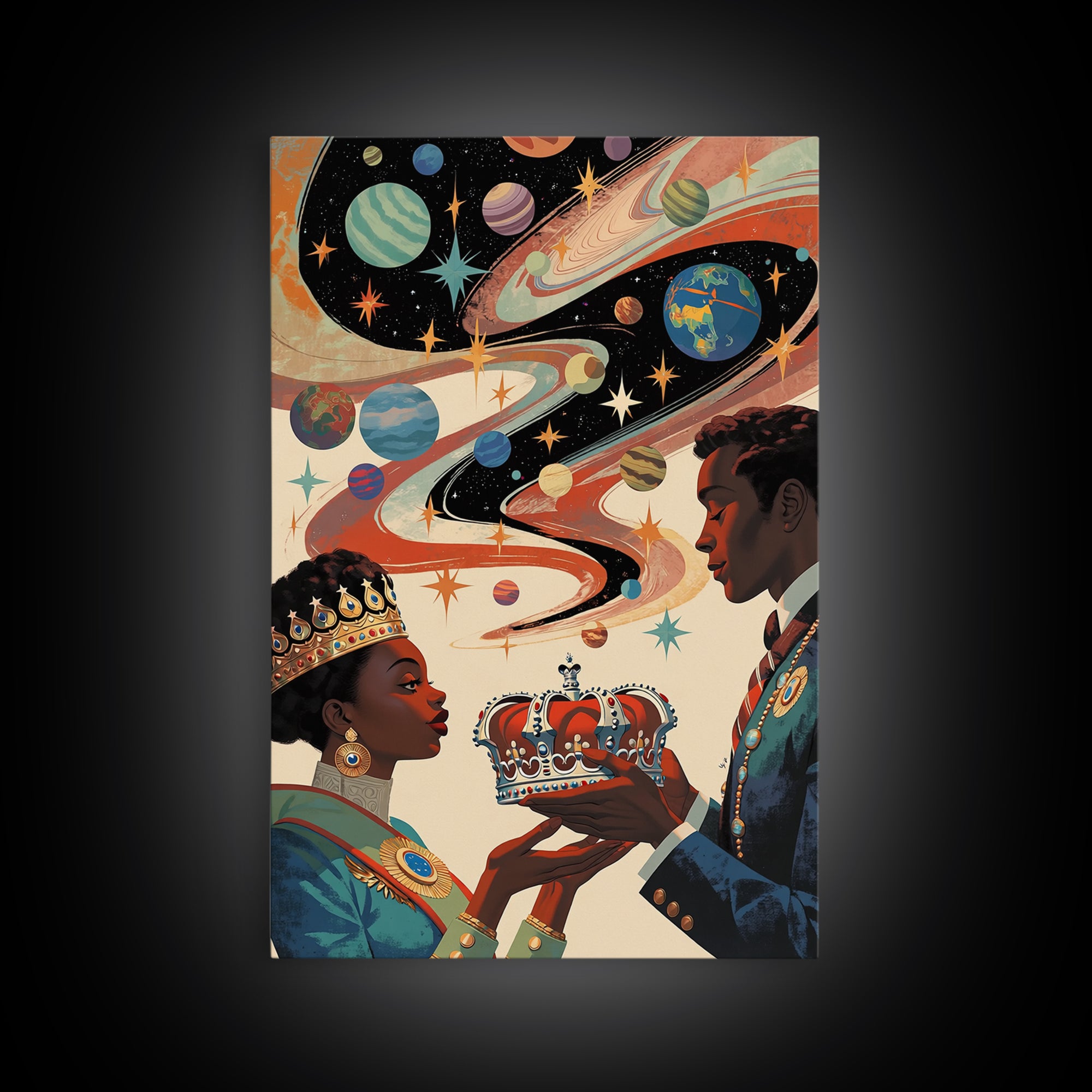 Afrofuturist Royal Couple Wall Art, Cosmic African Queen And King Canvas Print, Black Love Decor, Planets Crown Home Gift