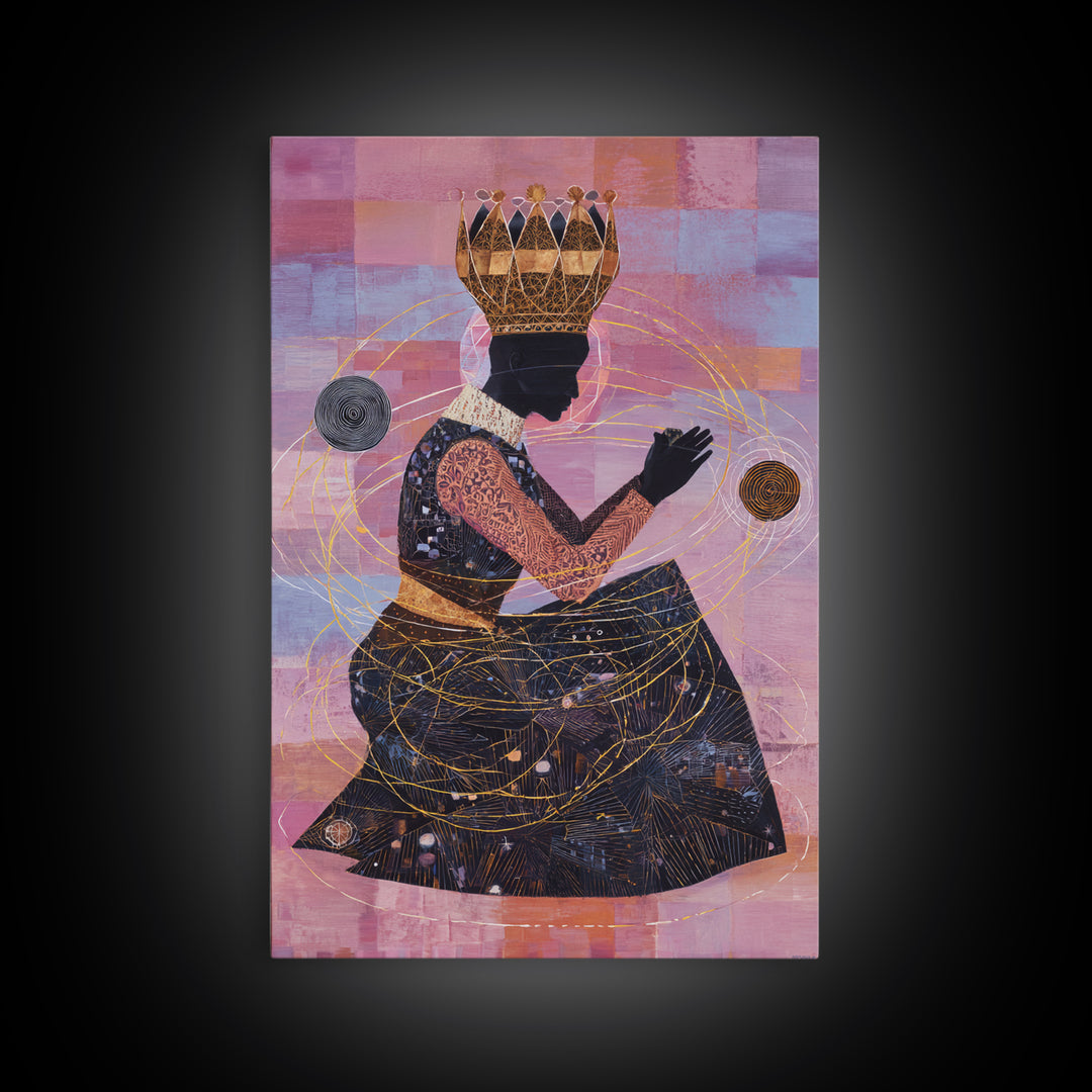Seated African Queen Silhouette Canvas Print, Pink Cosmic Wall Art, Black Woman Art Home Decor, Feminine Afrocentric Gift