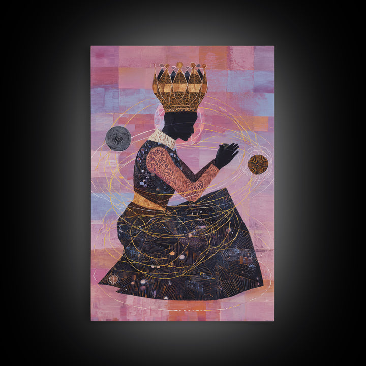Seated African Queen Silhouette Canvas Print, Pink Cosmic Wall Art, Black Woman Art Home Decor, Feminine Afrocentric Gift