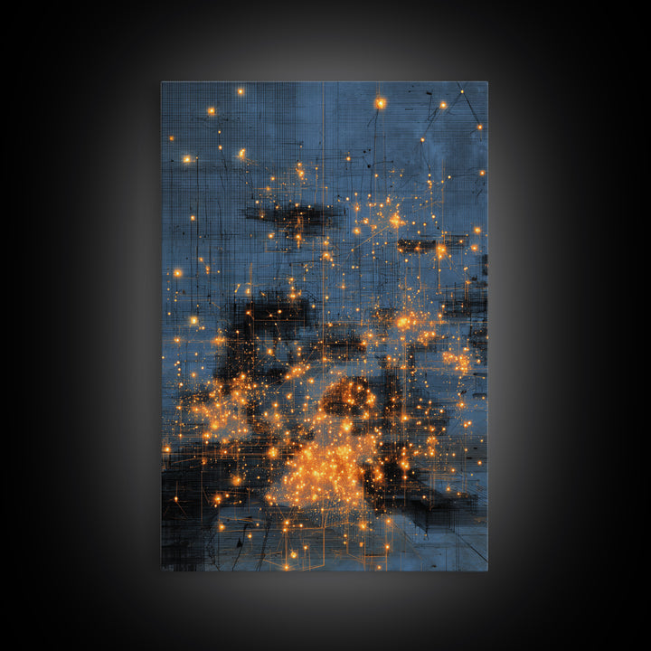 Blue Abstract City Lights Wall Art, Gold Spark Modern Canvas Print, Urban Office Decor, Dreamy Digital Art Luxury Home Gift