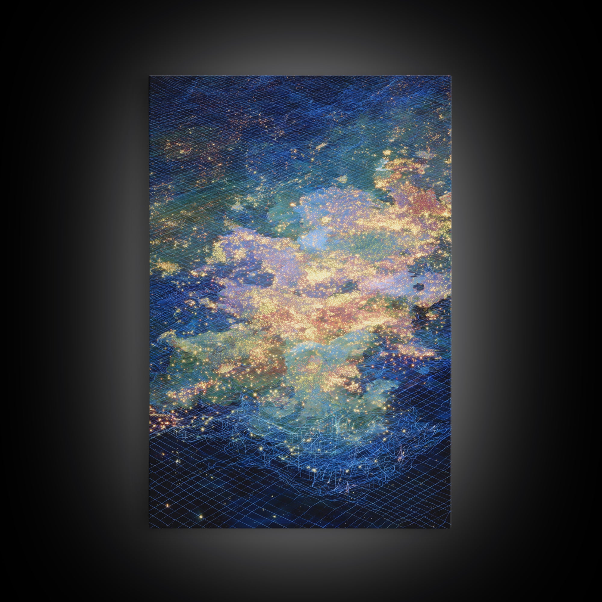 Celestial Ocean Abstract Wall Art, Blue Gold Starry Canvas Print, Dreamy Nature Scene Art, Modern Luxury Home Decor Gift