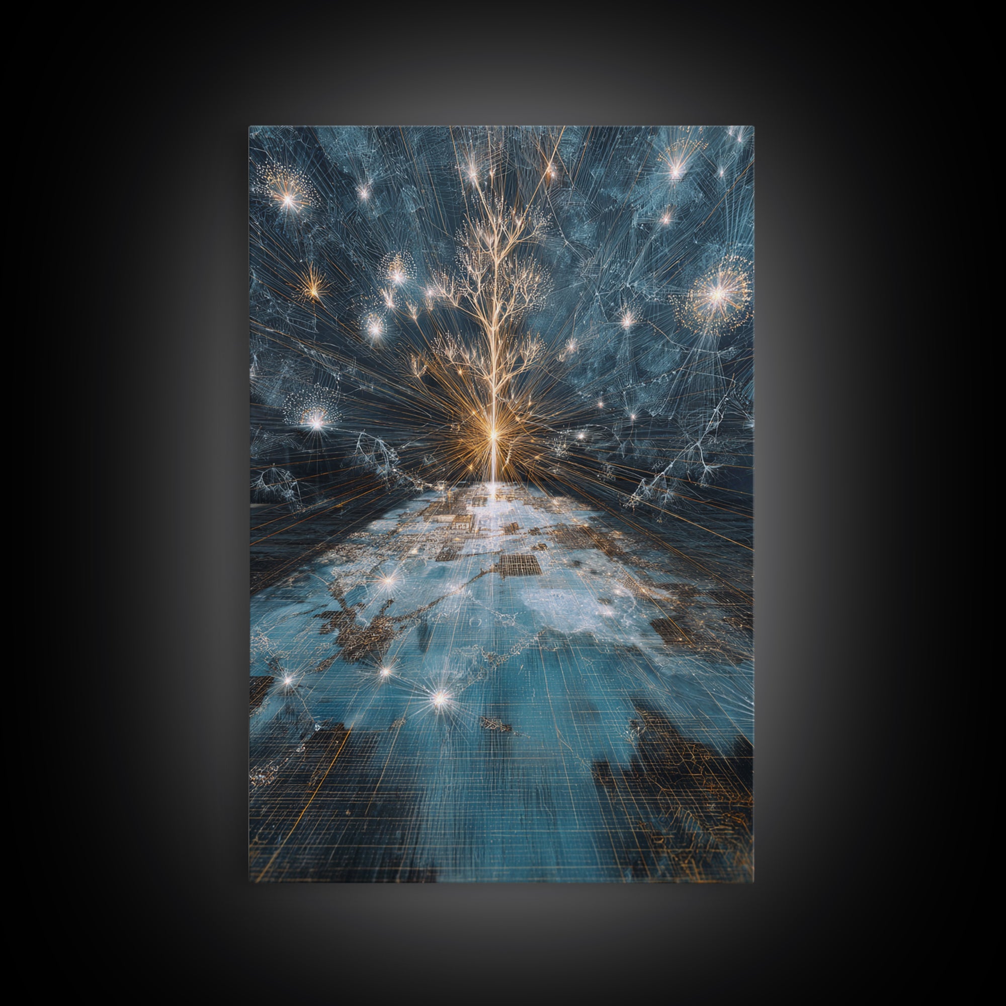 Glowing White Tree Canvas Print, Blue Celestial Wall Art, Spiritual Nature Scene Art, Modern Office Decor, Unique Home Gift