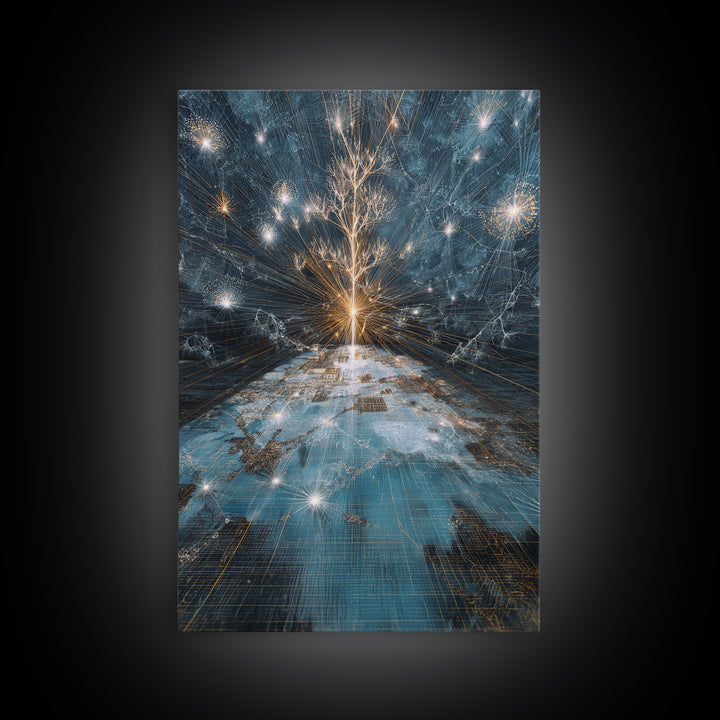 Glowing White Tree Canvas Print, Blue Celestial Wall Art, Spiritual Nature Scene Art, Modern Office Decor, Unique Home Gift