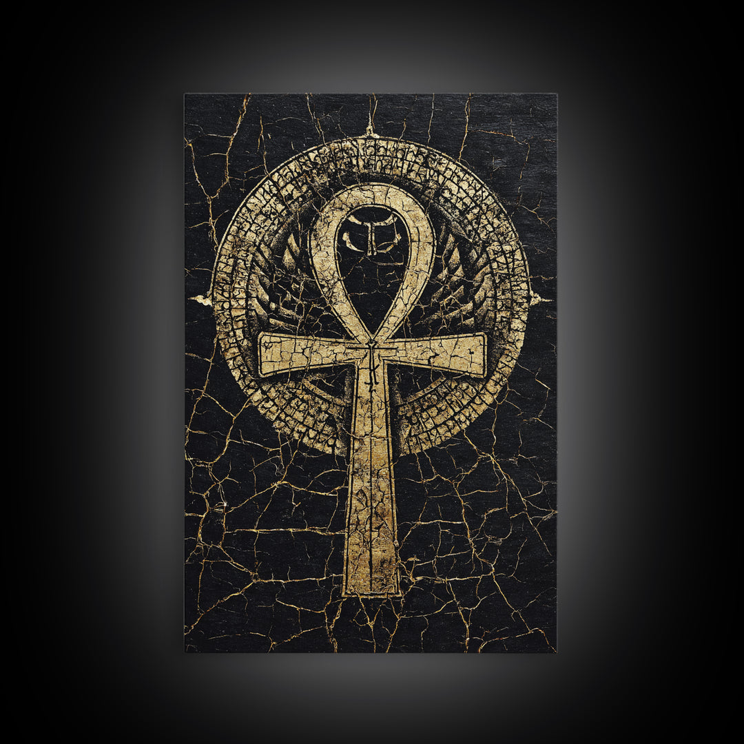 Gold Ankh Symbol On Cracked Black Framed Canvas Print, African Egyptian Art, Spiritual Wall Art, Black And Gold Design Gift