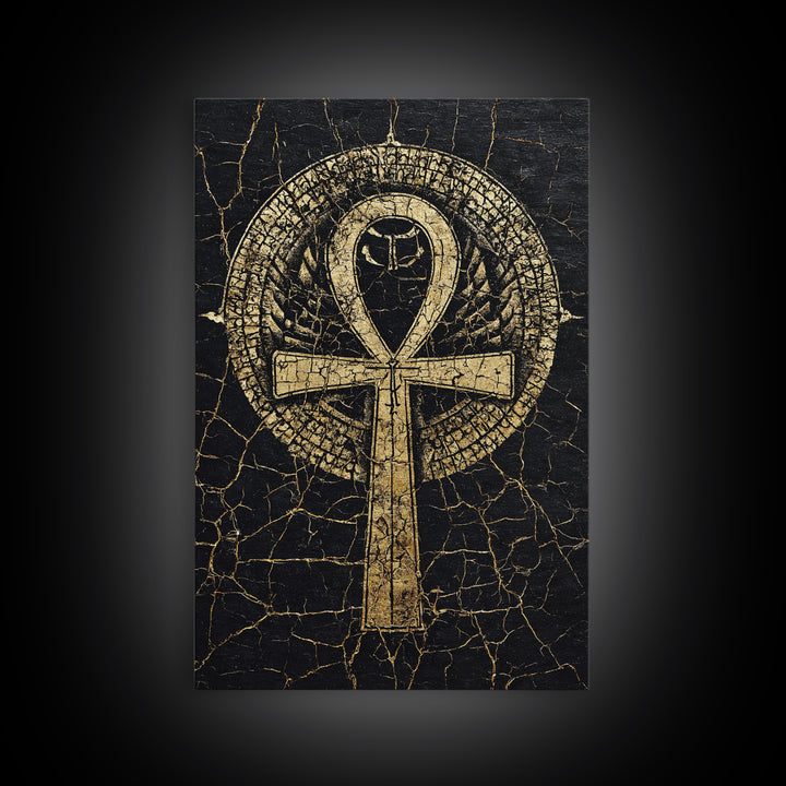 Gold Ankh Symbol On Cracked Black Framed Canvas Print, African Egyptian Art, Spiritual Wall Art, Black And Gold Design Gift