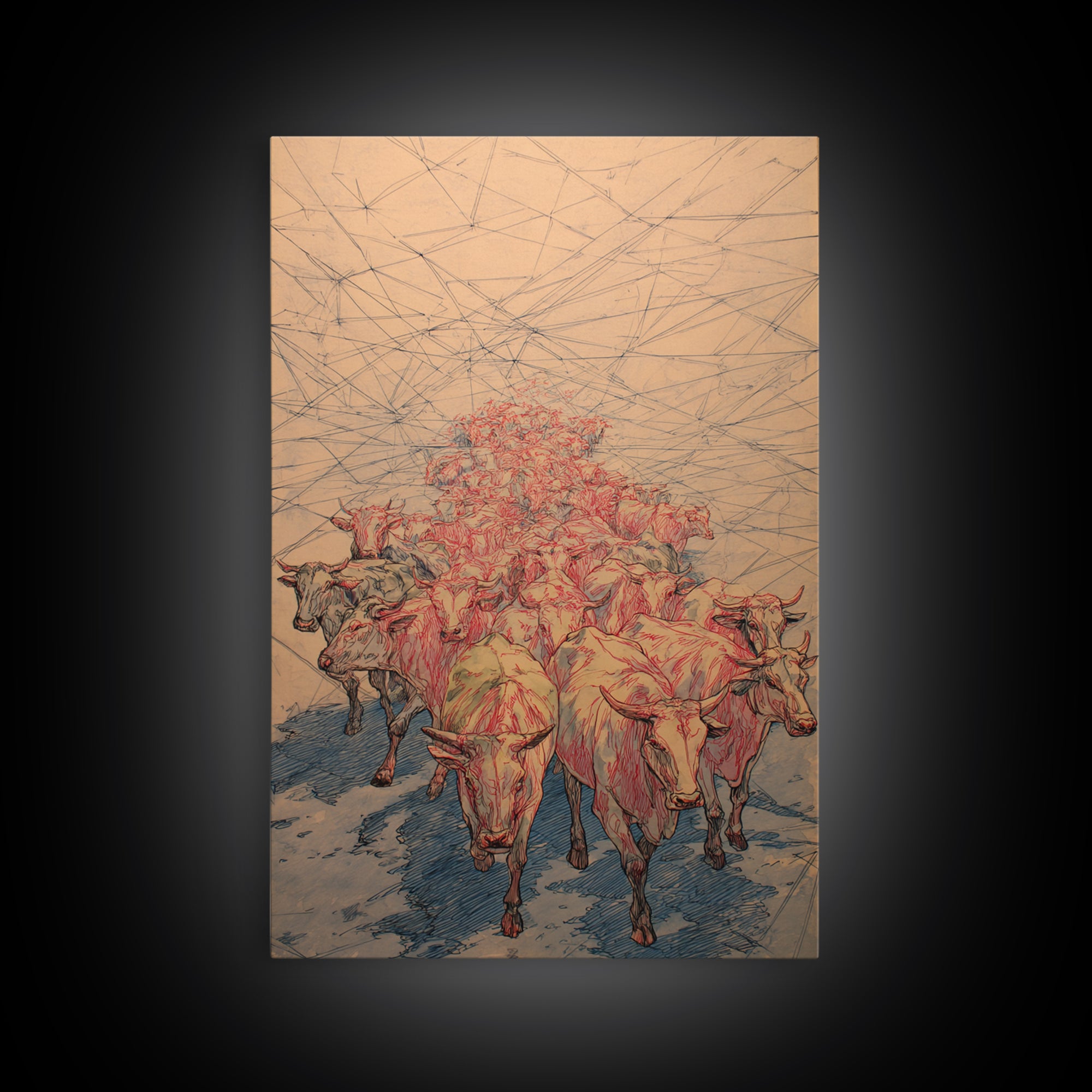 Red Line Cattle Herd Migration Canvas Print, African Animal Art, Rustic Farmhouse Decor, Cultural Wall Art Gift For Living Room
