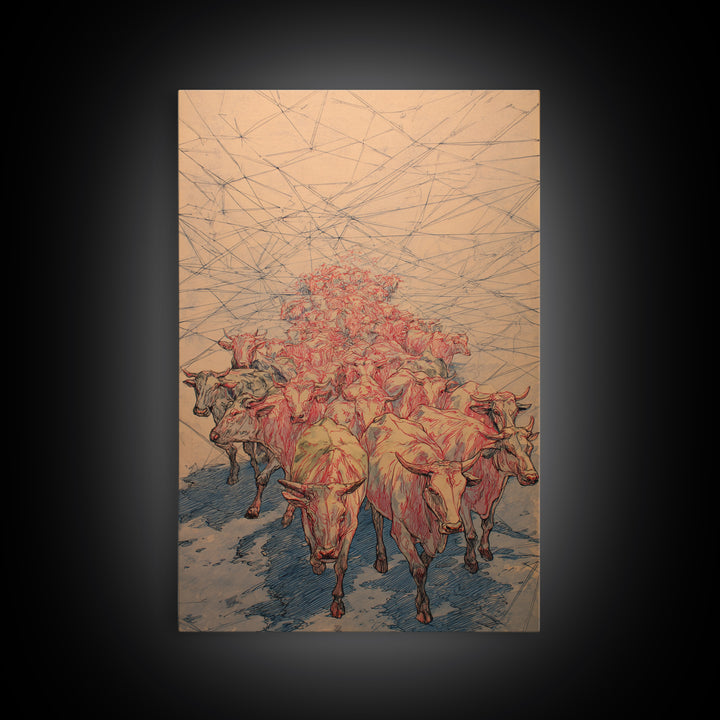 Red Line Cattle Herd Migration Canvas Print, African Animal Art, Rustic Farmhouse Decor, Cultural Wall Art Gift For Living Room